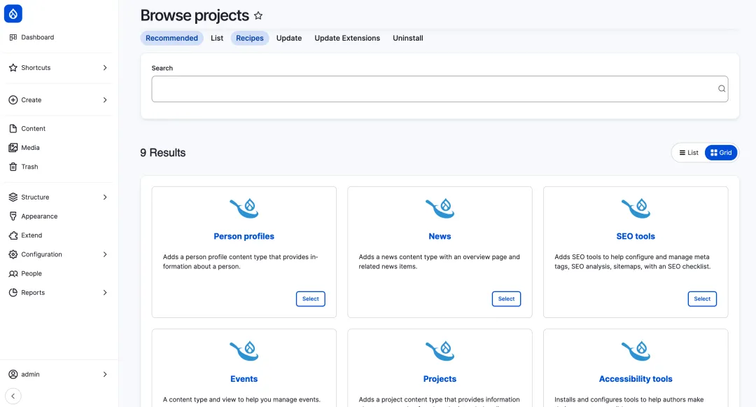 Interface for finding Drupal CMS recipes to extend the functionality