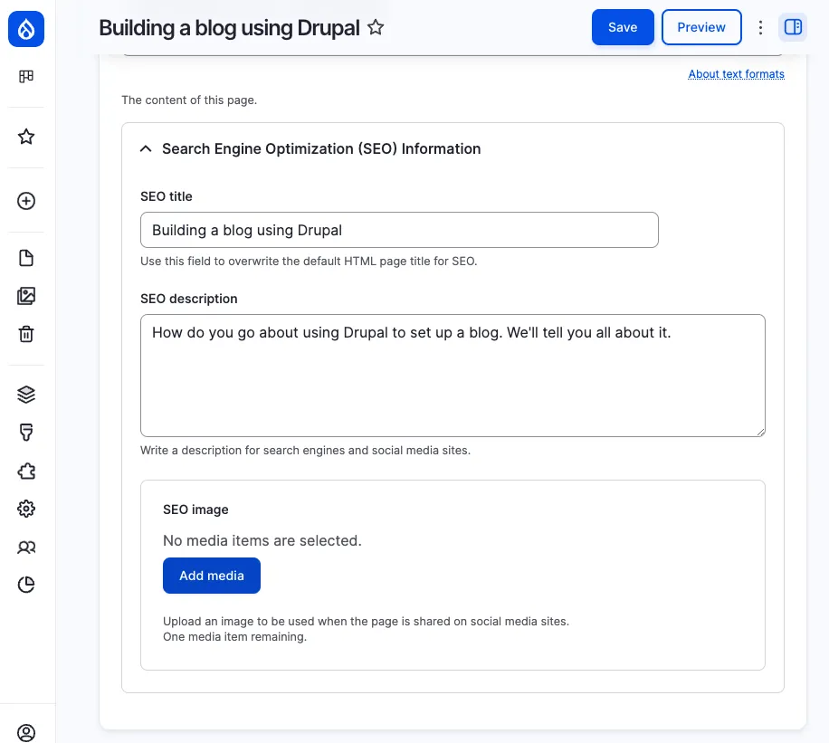The backend of a website with the Search Engine Optimization settings exposed