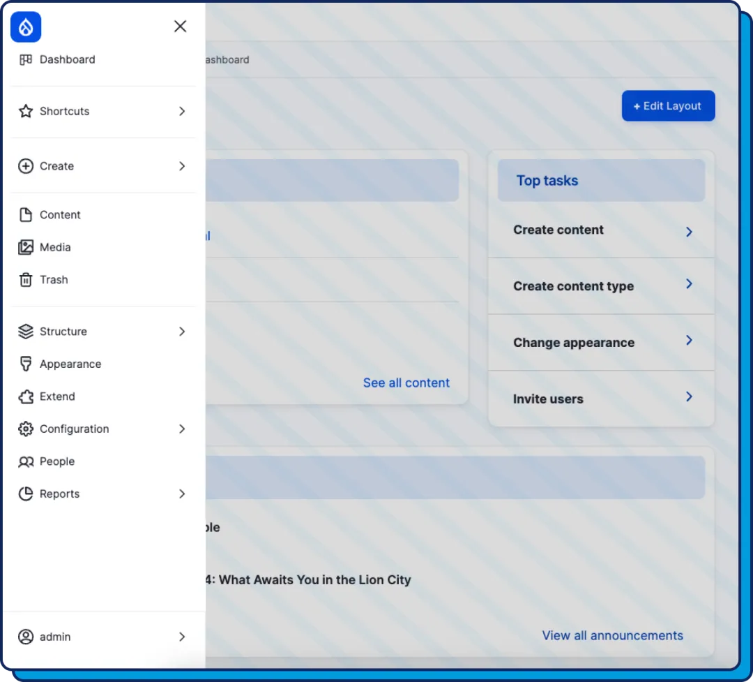 Drupal CMS admin UI navigation