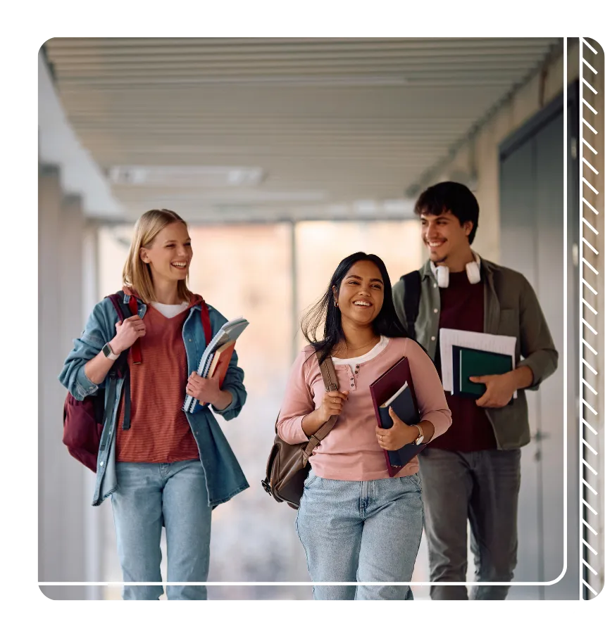 Students at a university walk between class