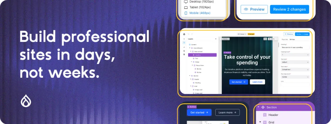 Drupal CMS launch graphic with screenshot from Drupal Canvas