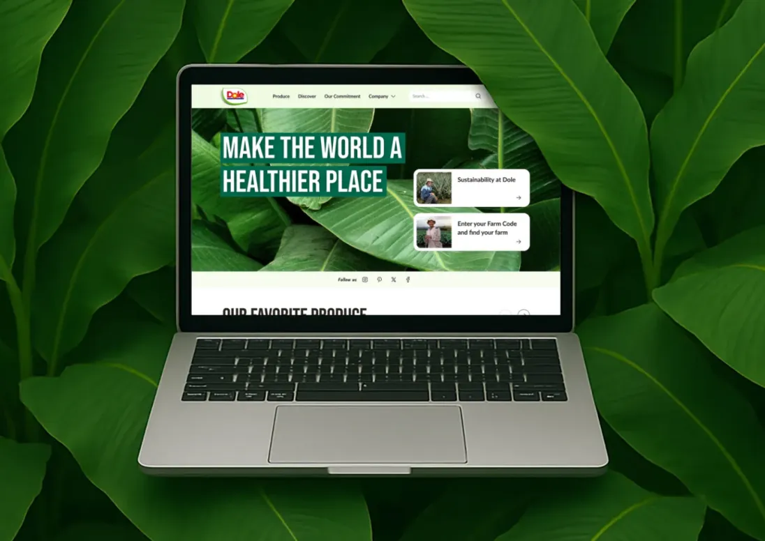 Computer with green leaves behind it, showing the Dole website