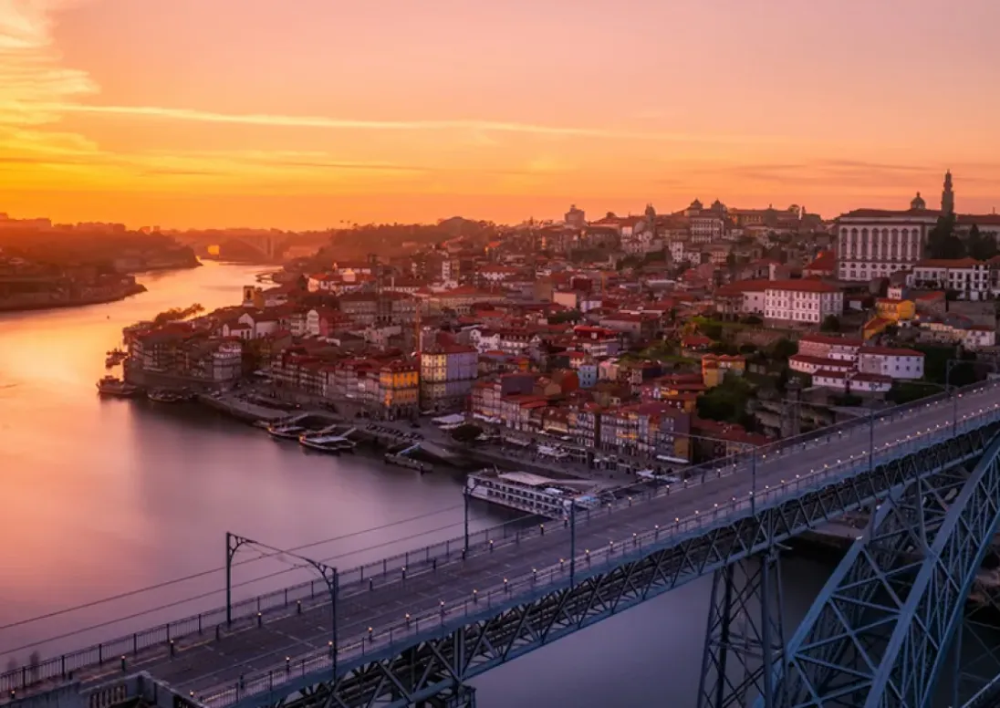 Sunset over a European city