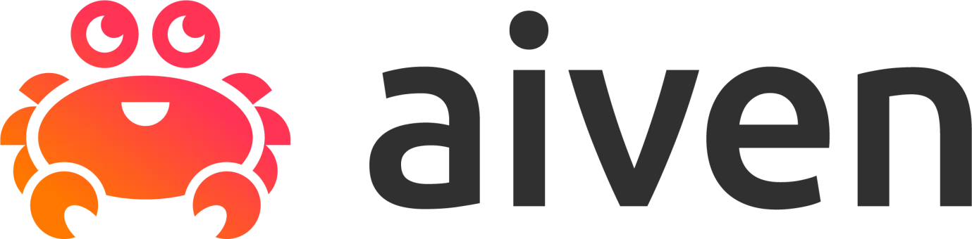 Aiven logo: A cartoon red crab next to lowercase "aiven"