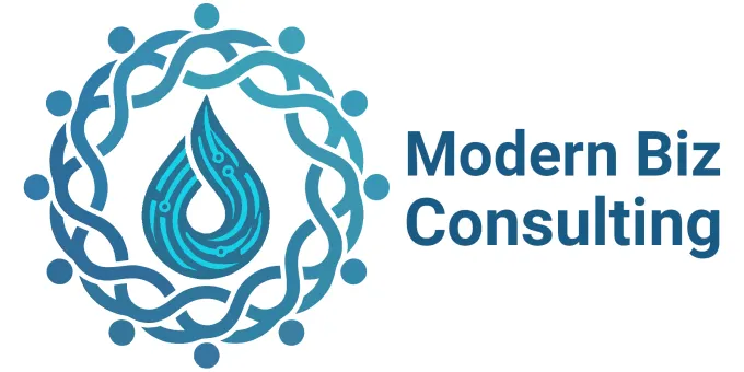 Modern Biz Consulting logo showing interconnected people in a circle surrounding a Druplicon-inspired shape containing connected organic lines