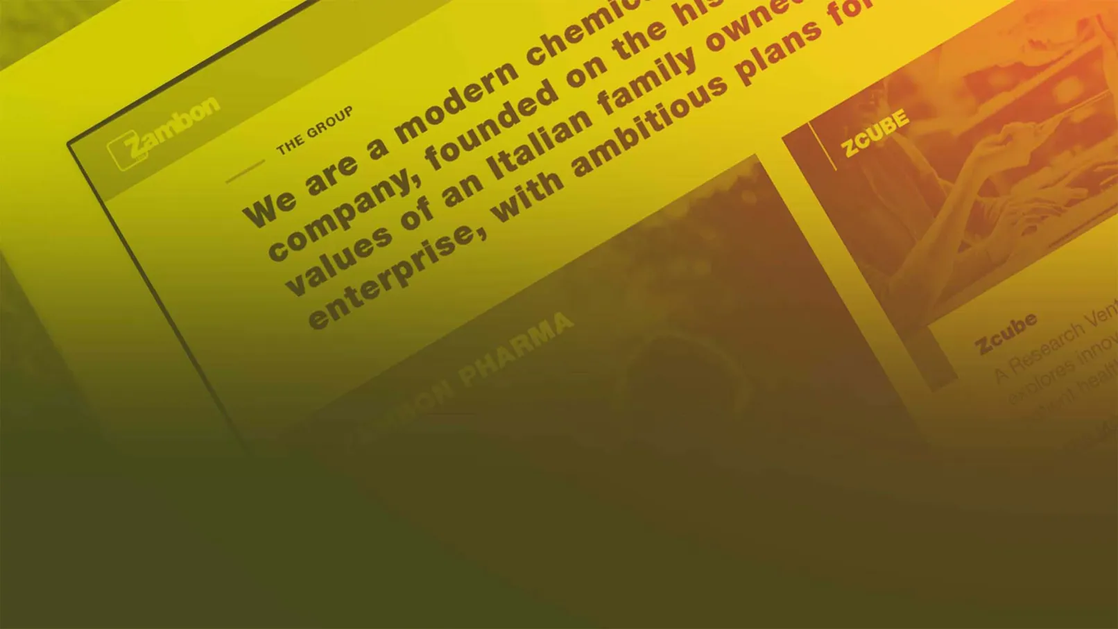 Angled view of Zambon Group website pages over a low-contrast yellow-green gradient