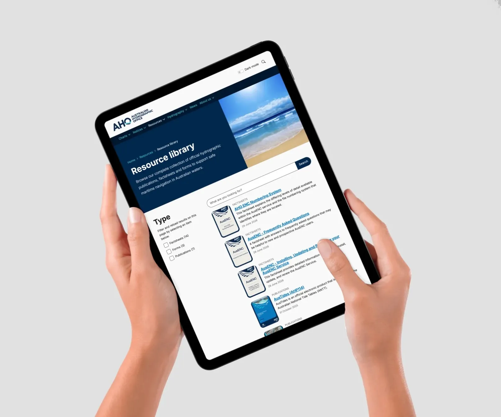 Australian Hydrographic Office site on tablet