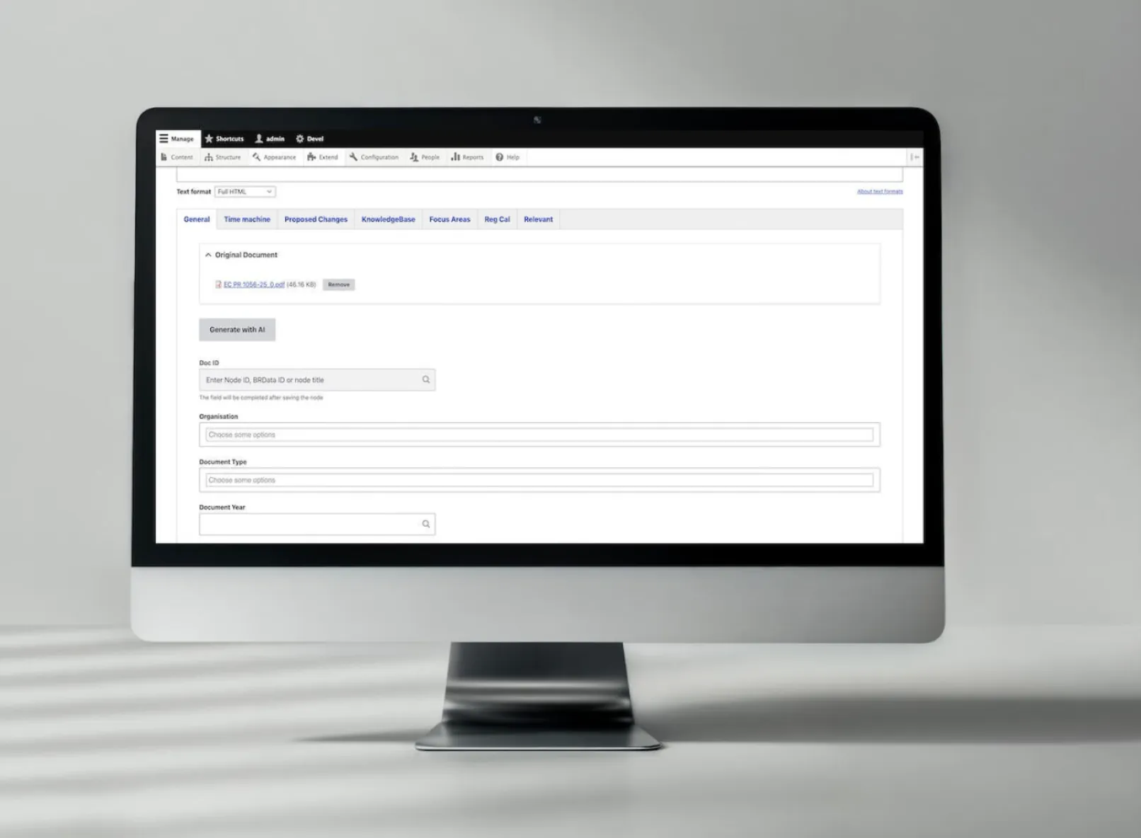 Drupal editorial interface on BetterRegulation.com with an uploaded legal PDF and the Generate with AI button for automatic document categorization into metadata fields.