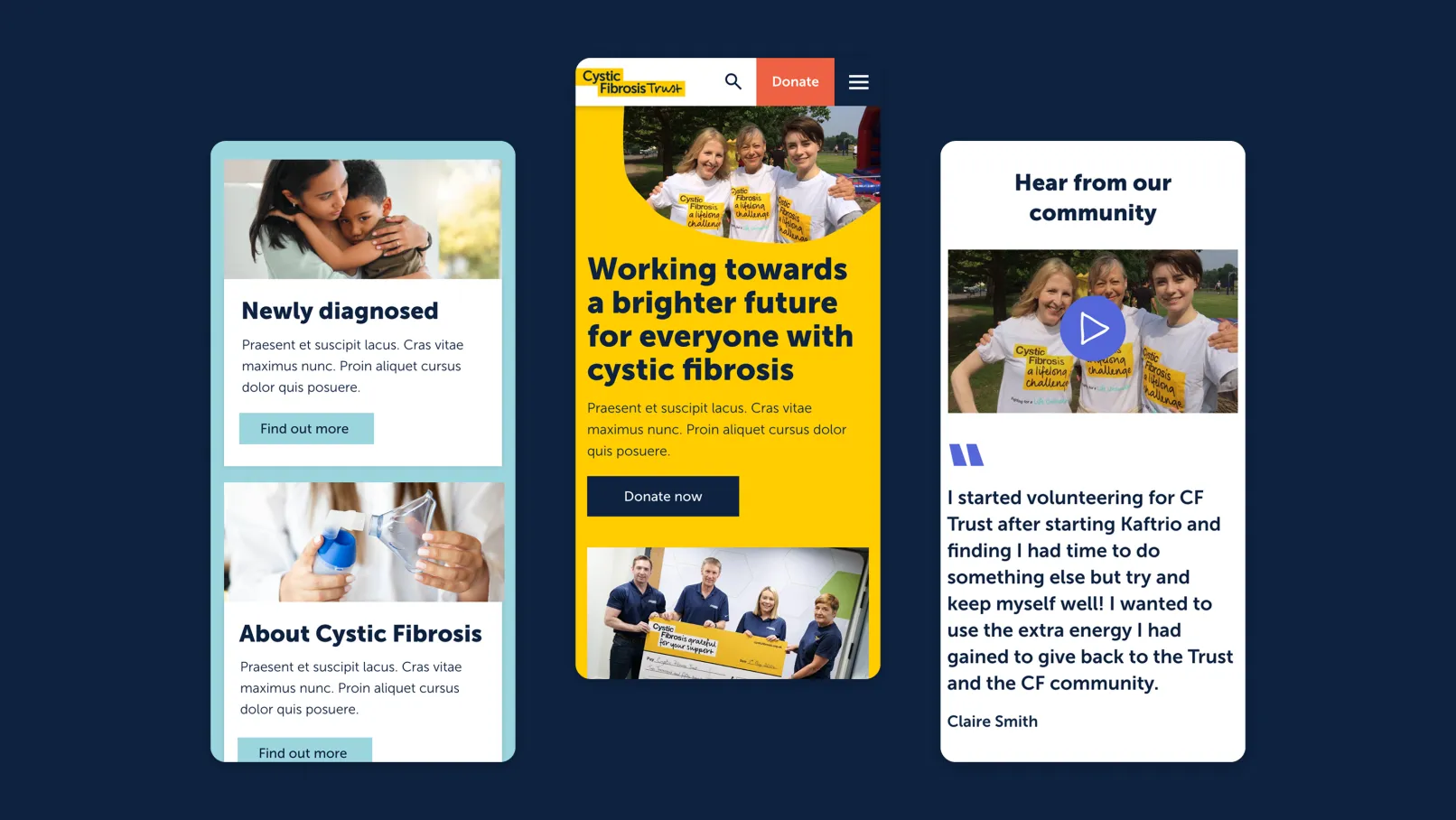 Mobile and card-based layouts for the Cystic Fibrosis Trust website, including sections for newly diagnosed support, information about cystic fibrosis, a donation call-to-action, and a testimonial with a video thumbnail from a community member.