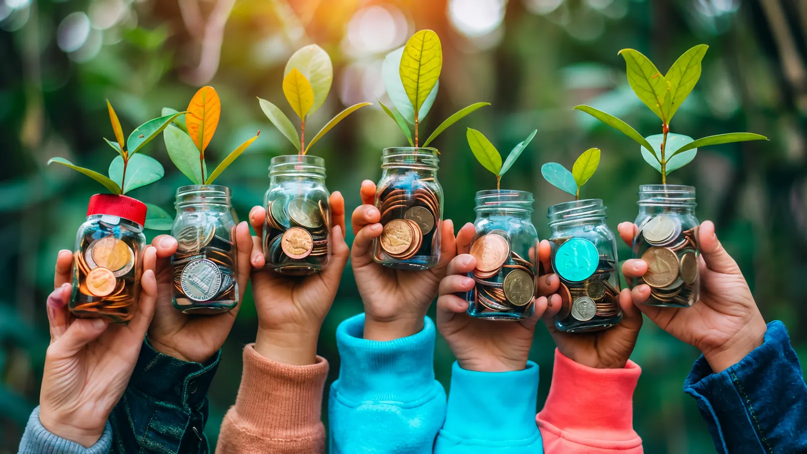 Multiple hands holding glass jars filled with coins, representing community fundraising efforts