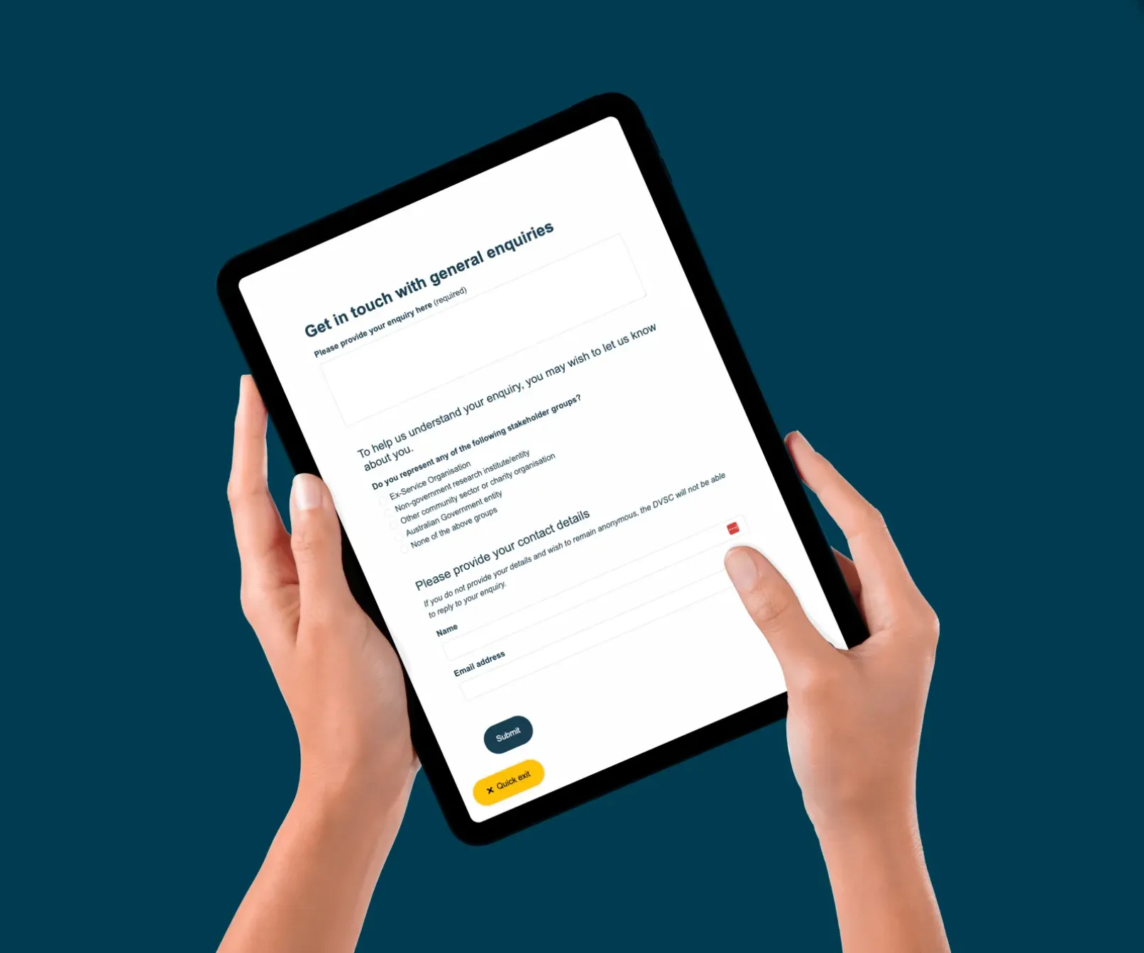 Defence and Veterans' Service Commission site on a tablet