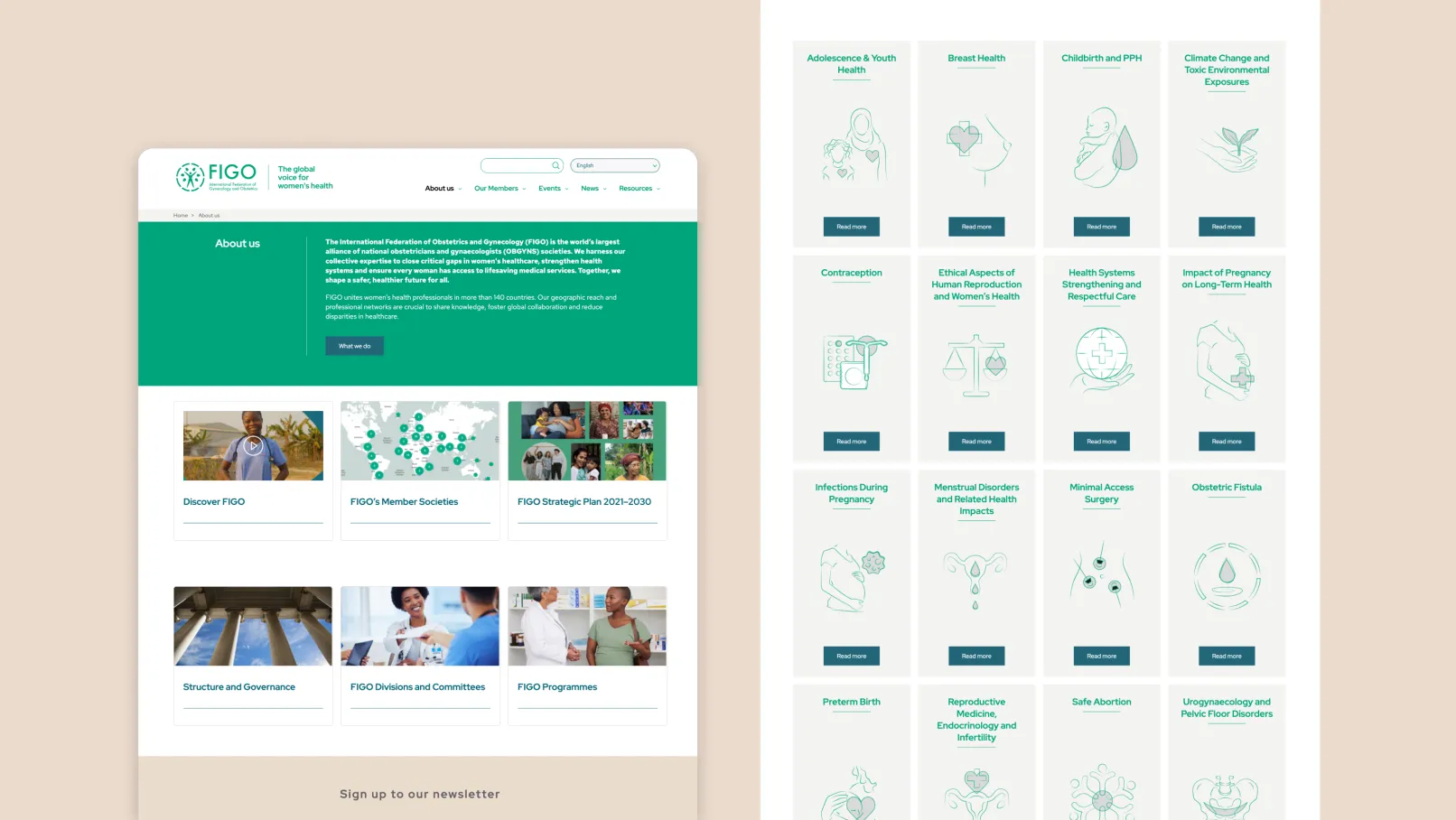 FIGO website pages showing an ‘About us’ section with organisational information, and a grid of health topics such as contraception, breast health, and maternal care.