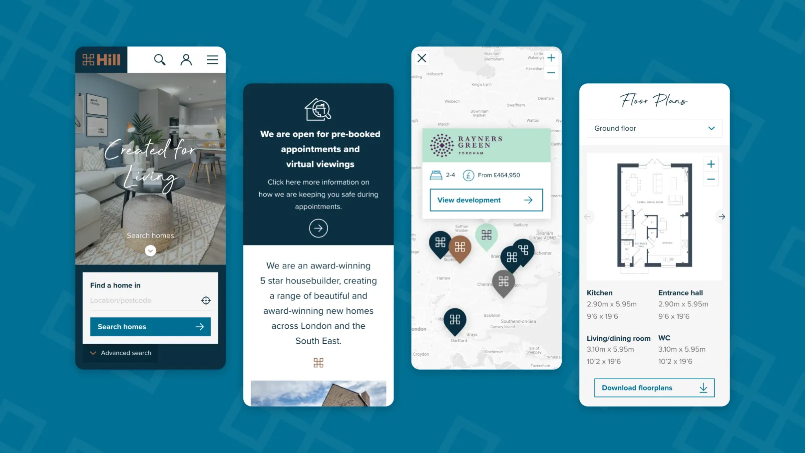 Mobile and card-based layouts for the Hill website showing a home search interface, information about appointments and virtual viewings, an interactive map with property locations, and a floor plan with room dimensions.