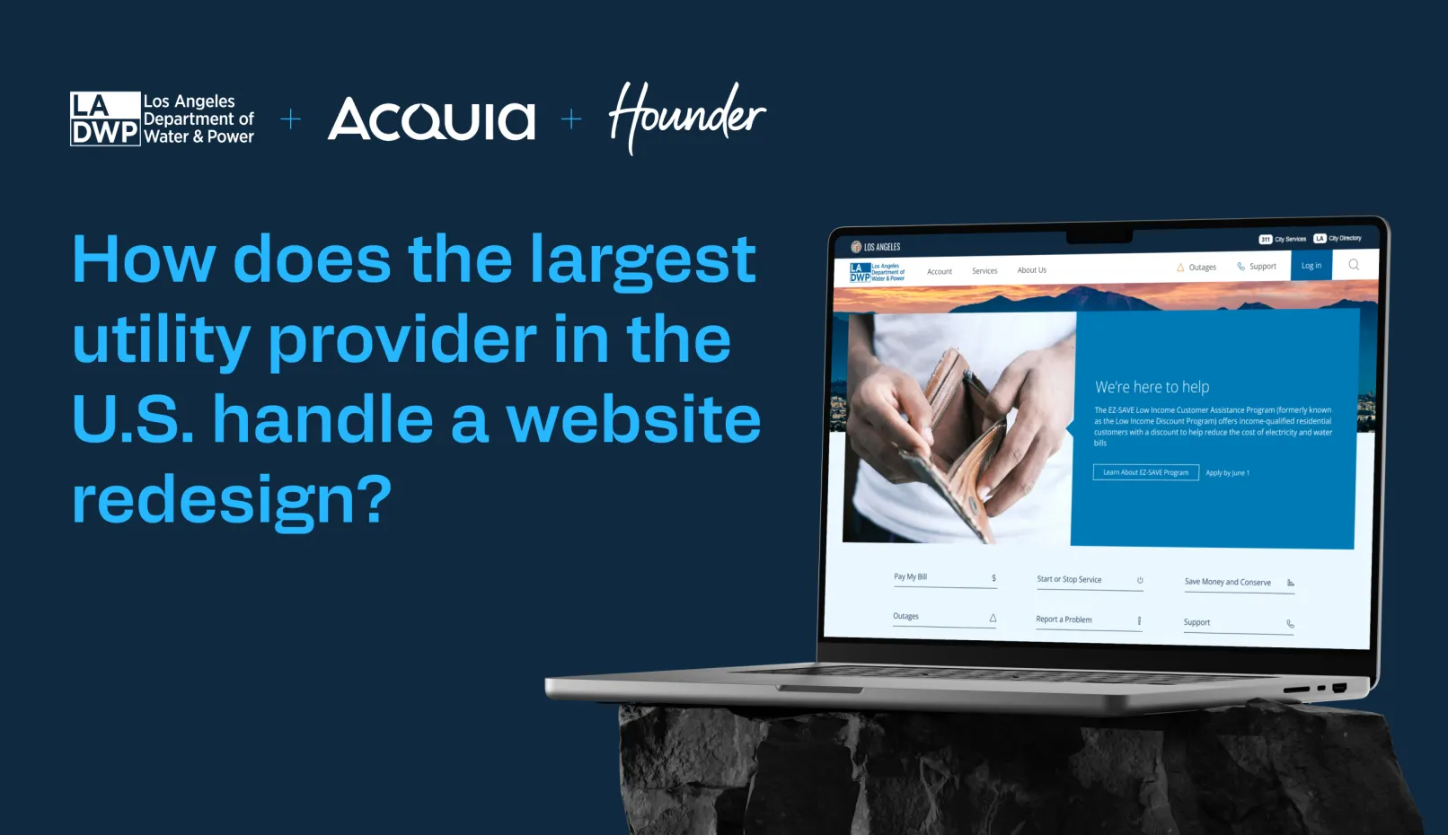 LA Department of Water and Power homepage laptop mockup with Acquia and Hounder logos in the top left corner.