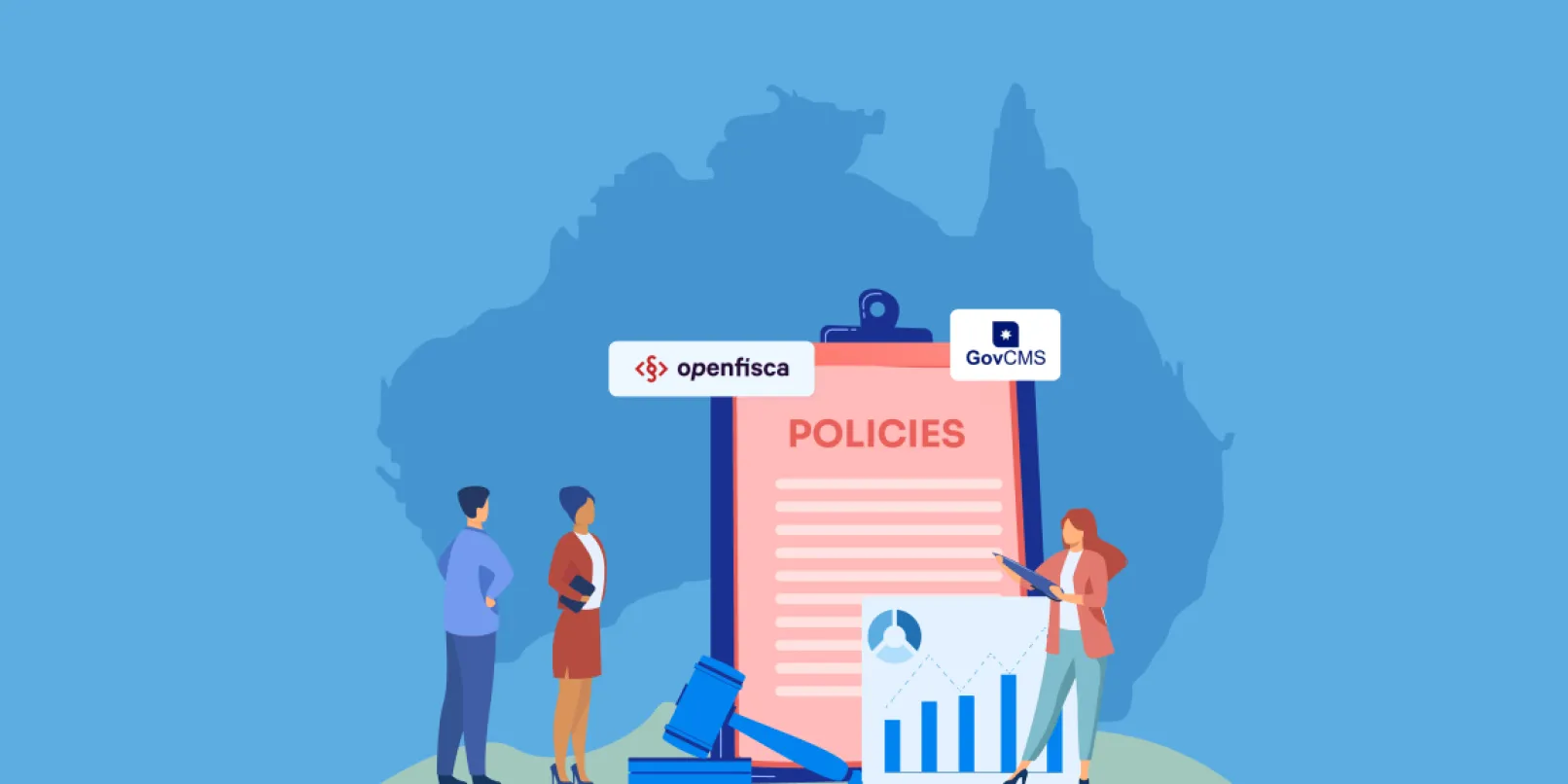 Illustration with map of Australia, OpenFisca logo, GovCMS logo, clipboard with policies written on it and people discussing some charts.
