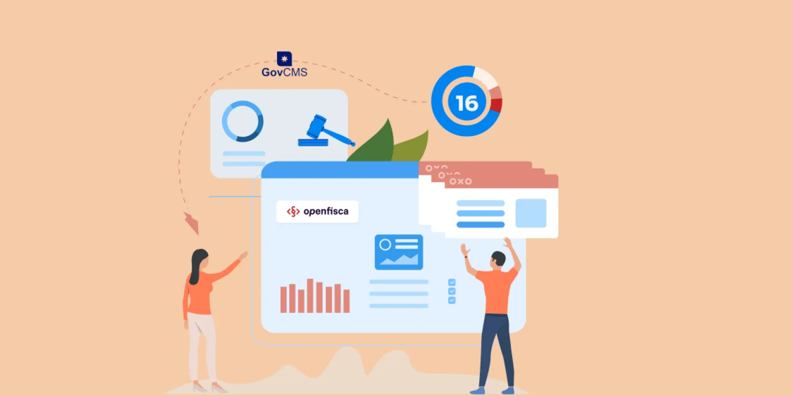 Illustration of homepage with OpenFisca logo, charts, a gavel and two people