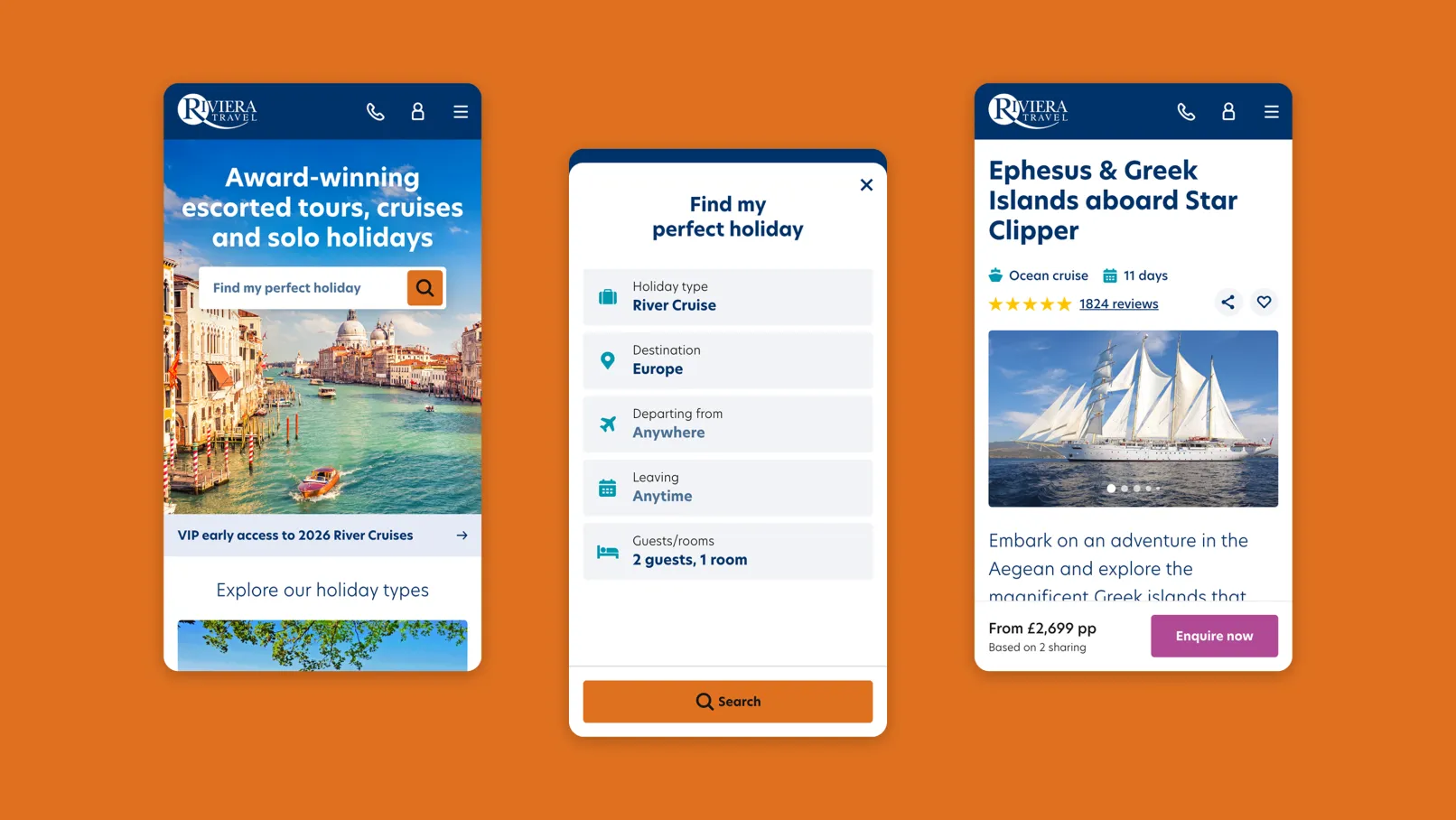 Riviera Travel mobile screens showing holiday search filters and an ocean cruise listing with ship image, reviews and pricing.