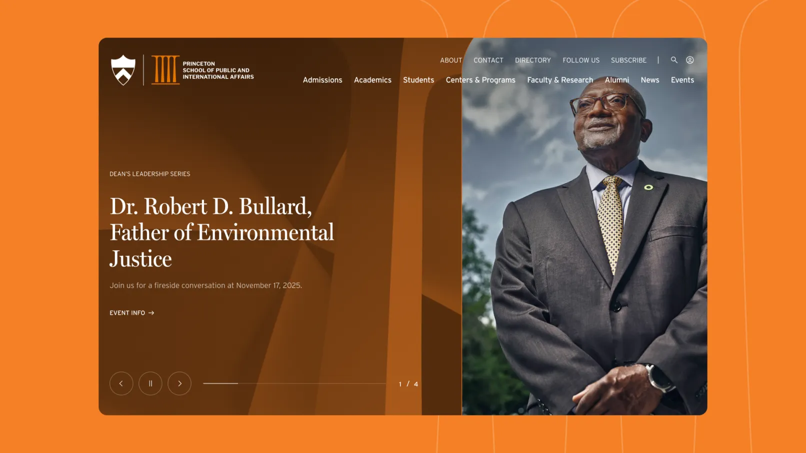 Screenshot of the Princeton SPIA website homepage, showing a hero carousel slide for the Dean's Leadership Series featuring Dr. Robert D. Bullard, Father of Environmental Justice.