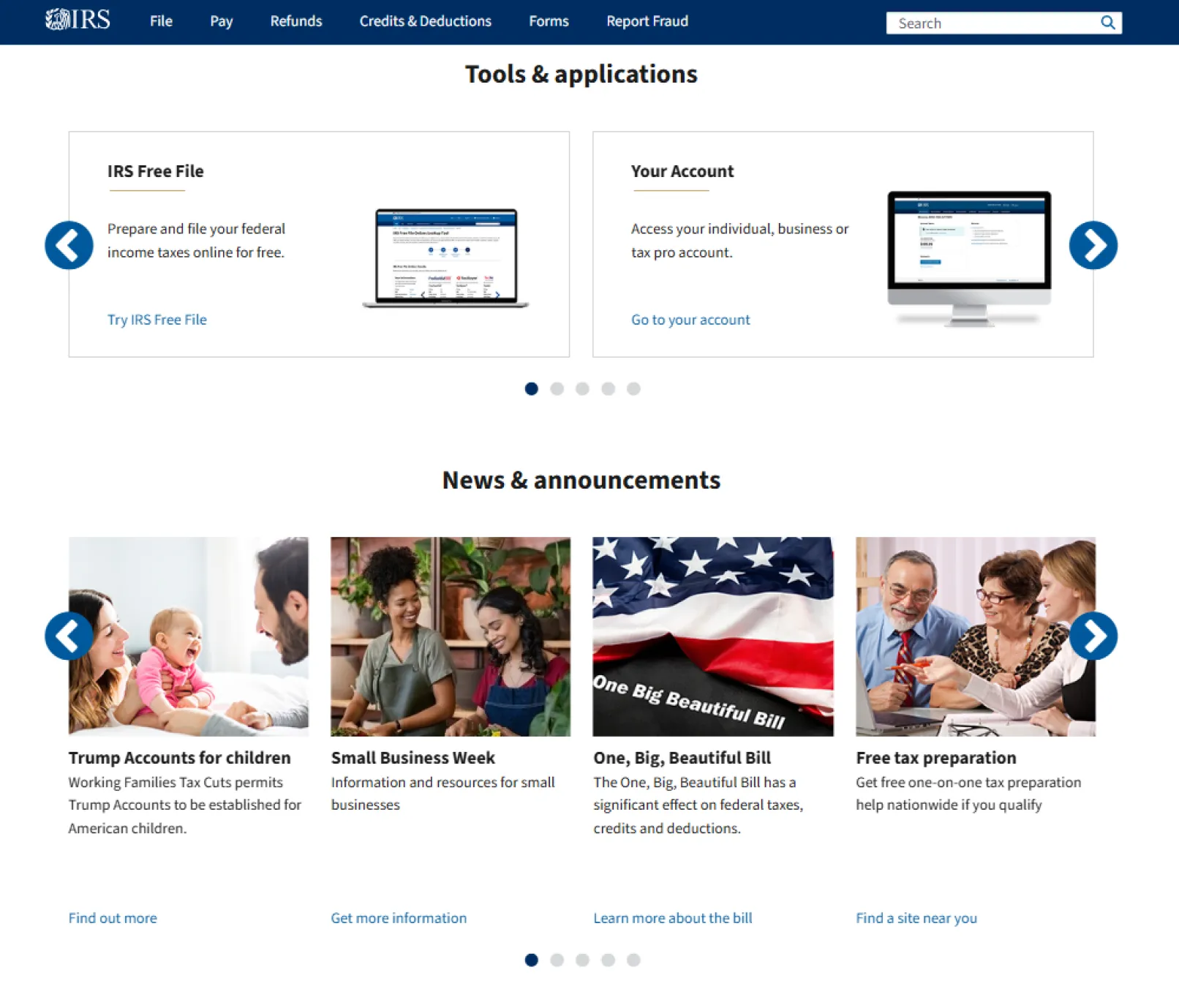 IRS homepage interface showing navigation tools and quick-access features, including icons for tax filing tools, refund tracking, forms, and account services. A scrolling news and updates section highlights recent IRS announcements, alerts, and tax-related guidance for individuals and businesses.