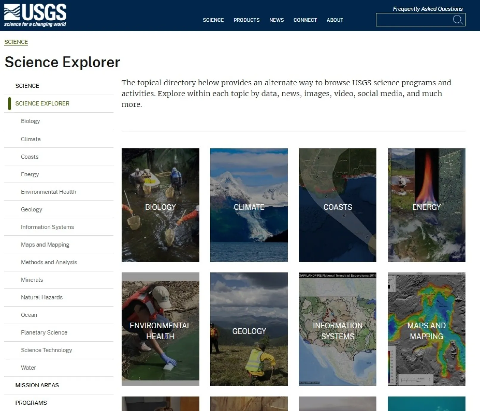 USGS Science Explorer webpage featuring a search interface and categorized science topics, allowing users to explore U.S. Geological Survey research areas such as water, hazards, ecosystems, energy, and climate through clickable tiles and navigation tools