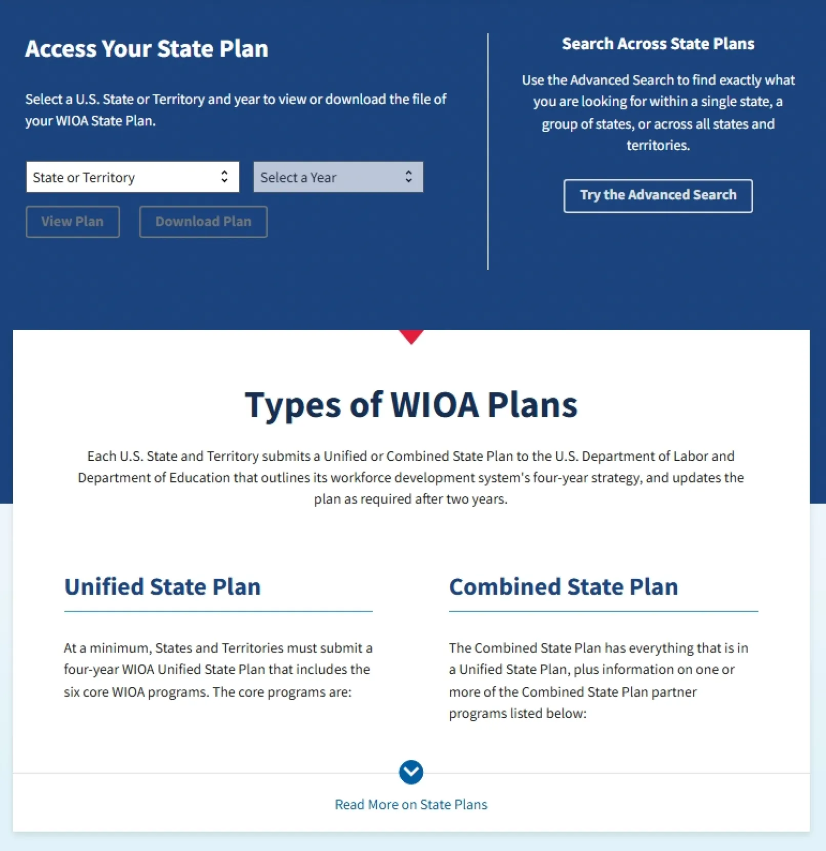 Alt Text: WIOA State Plan Portal homepage (wioaplans.dol.gov) showing an official U.S. Department of Labor interface for accessing Workforce Innovation and Opportunity Act state workforce development plans. The page includes navigation tools to select and view state or territory plans, search across multiple plans, and access approved workforce strategy documents and related planning resources. 