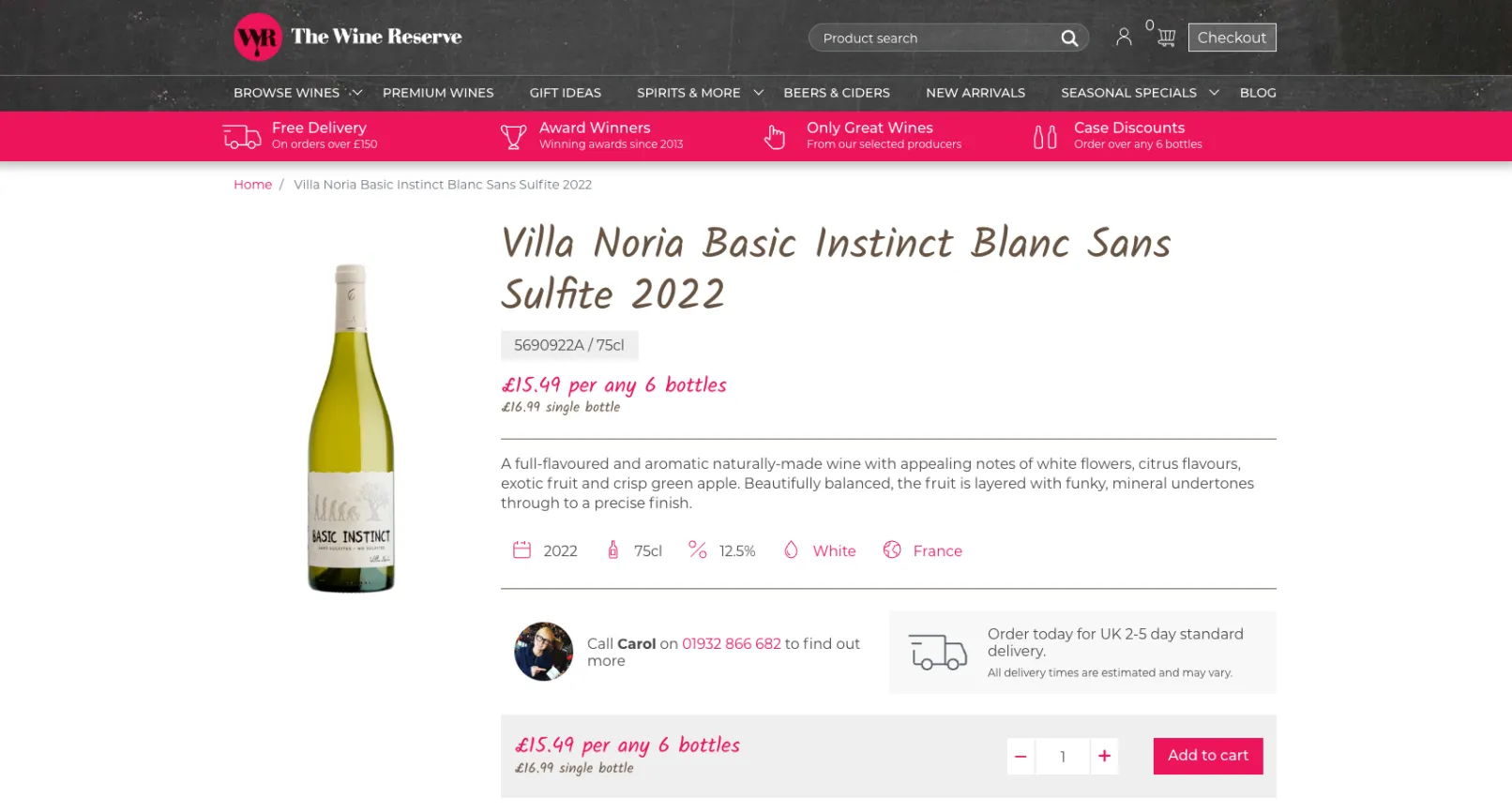 website page with bottle of wine listed on it for sale