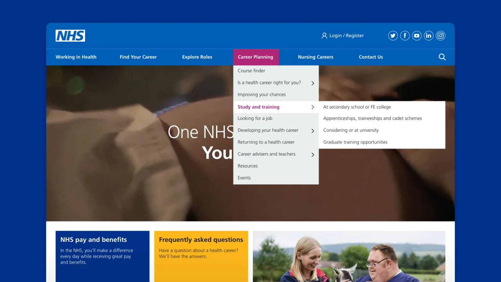 Screenshot of the NHS careers website showing the main navigation menu open under “Career Planning,” with study and training options displayed in a dropdown over a homepage banner image.