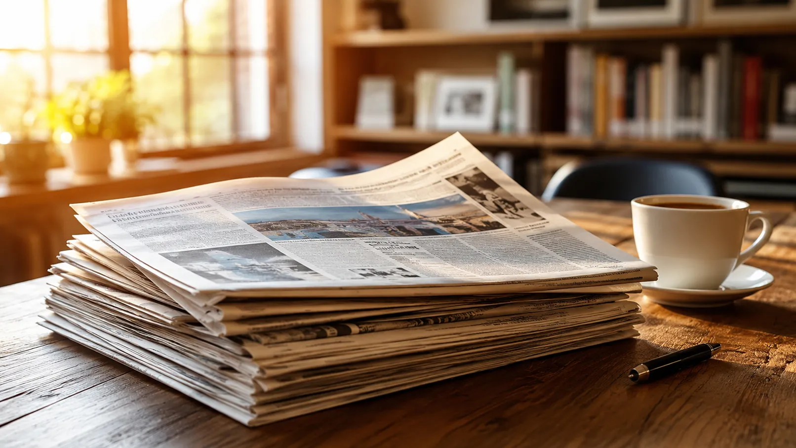 Stack of folded newspapers on a wooden table beside a cup of coffee and a pen, with sunlight streaming through a window in a home library setting.