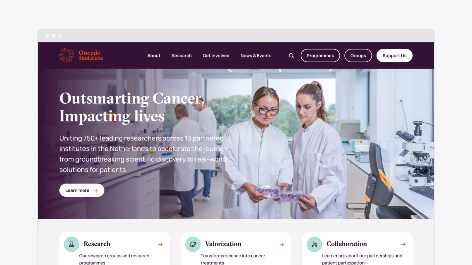 screenshot of Oncode Institute's homepage on background