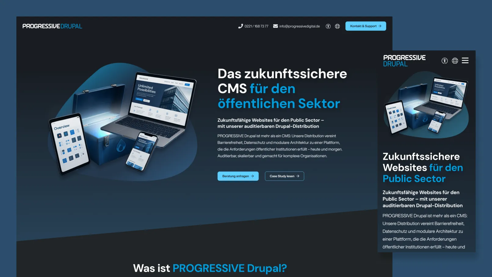 PROGRESSIVE Drupal Distribution interface showing the component-based design system with accessibility widget, cookie consent management, and editorial dashboard for public sector institutions.