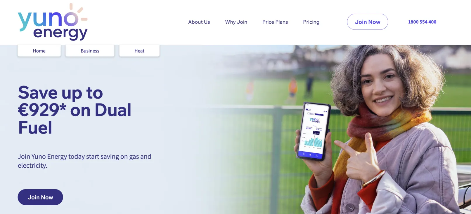 Yuno Energy homepage showing dual-fuel savings messaging, navigation, and Join Now call to action on the Irish electricity supplier's Drupal website.
