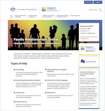 Homepage of the Department of Social Services' Family Relationships Online website.