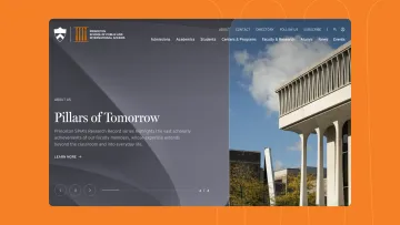 Screenshot of the Princeton SPIA website homepage, showing a hero carousel slide titled "Pillars of Tomorrow" with a dark split-panel layout and a photo of Robertson Hall.