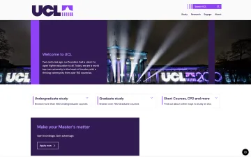 The UCL homepage on desktop, showing a welcome message, bright purple branding and options to see courses or apply