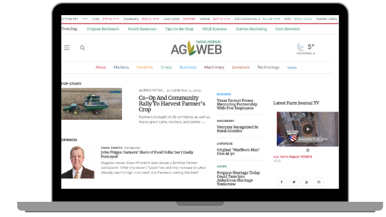 AgWeb homepage with flower shaped icon on top and images of person and texts below