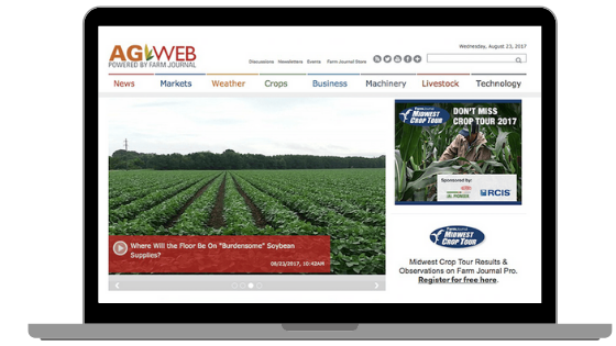 AgWeb homepage with flower shaped icon on top and images of person and texts below