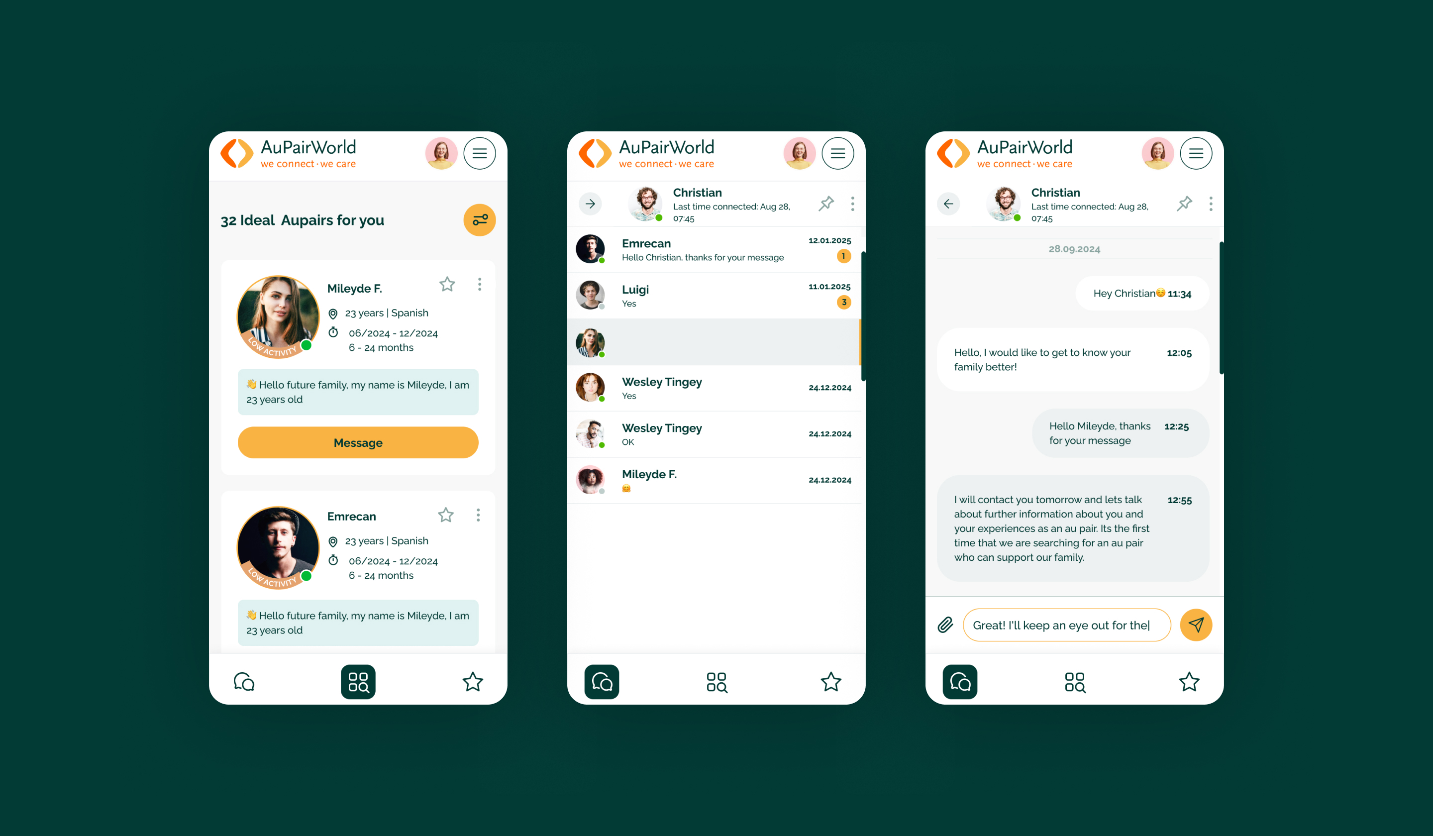Views of the messaging portal on a mobile