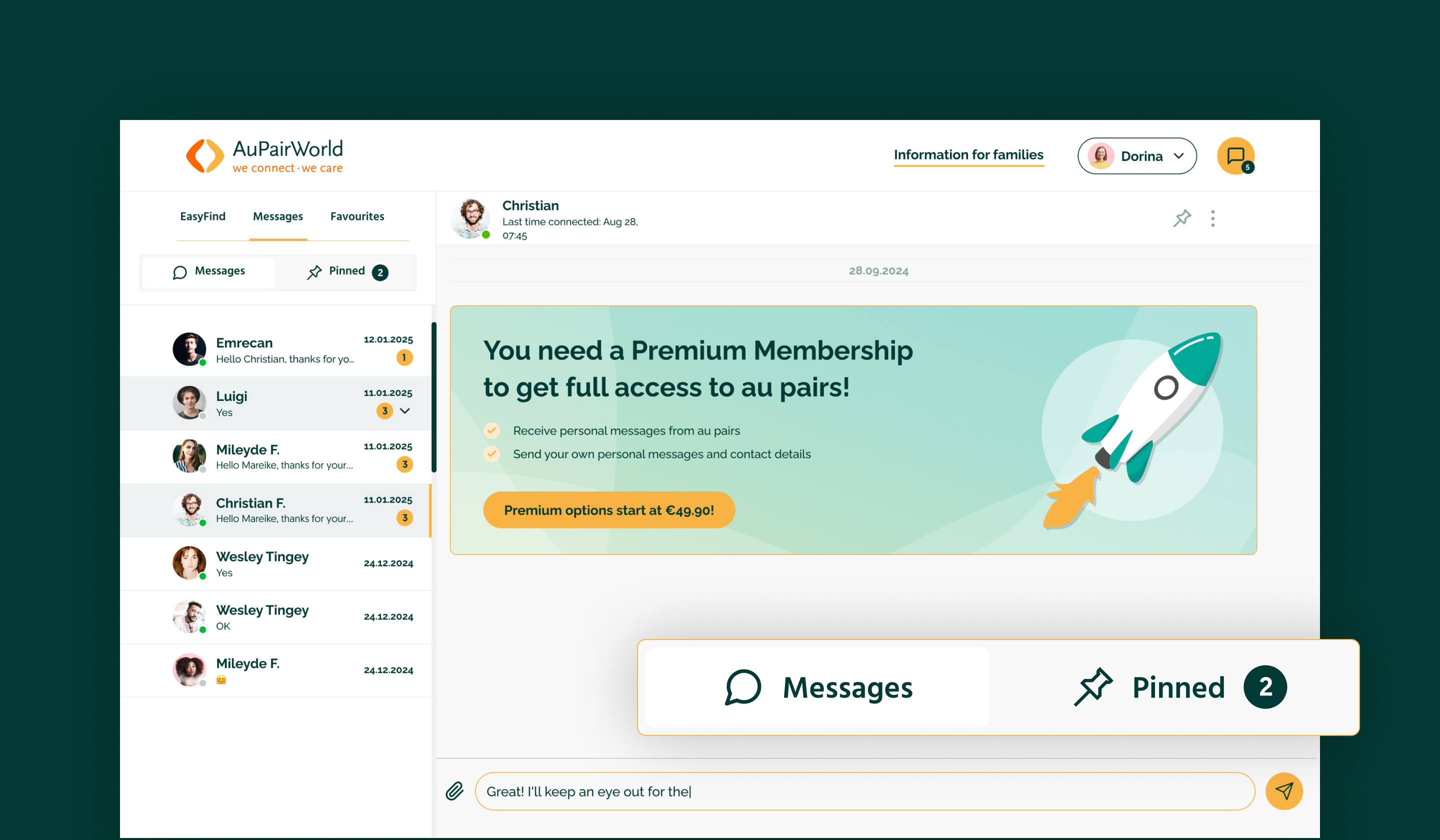 Premium membership option displayed in the AuPairWorld platform