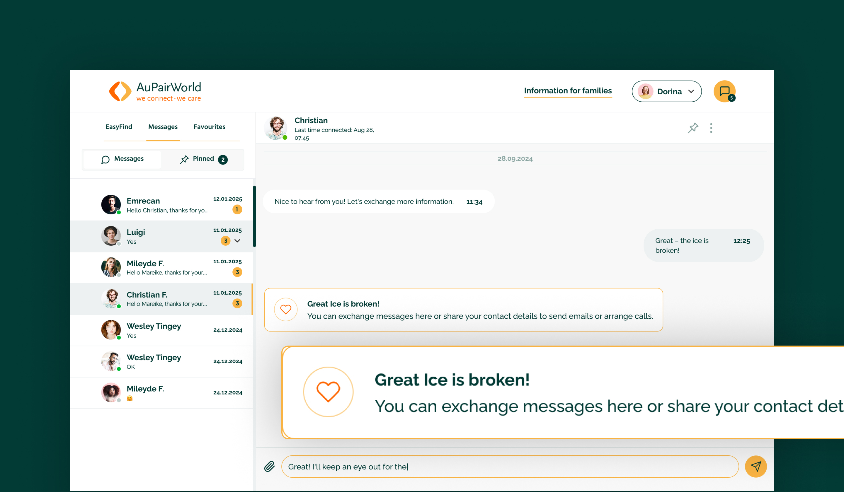 Icebreaker feature in the AuPairWorld communication platform.