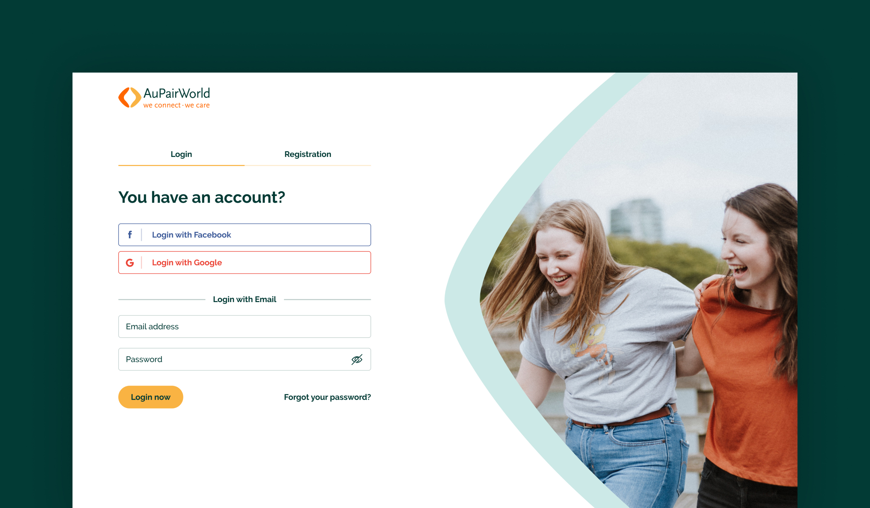 Login page to sign into the AuPairWorld portal