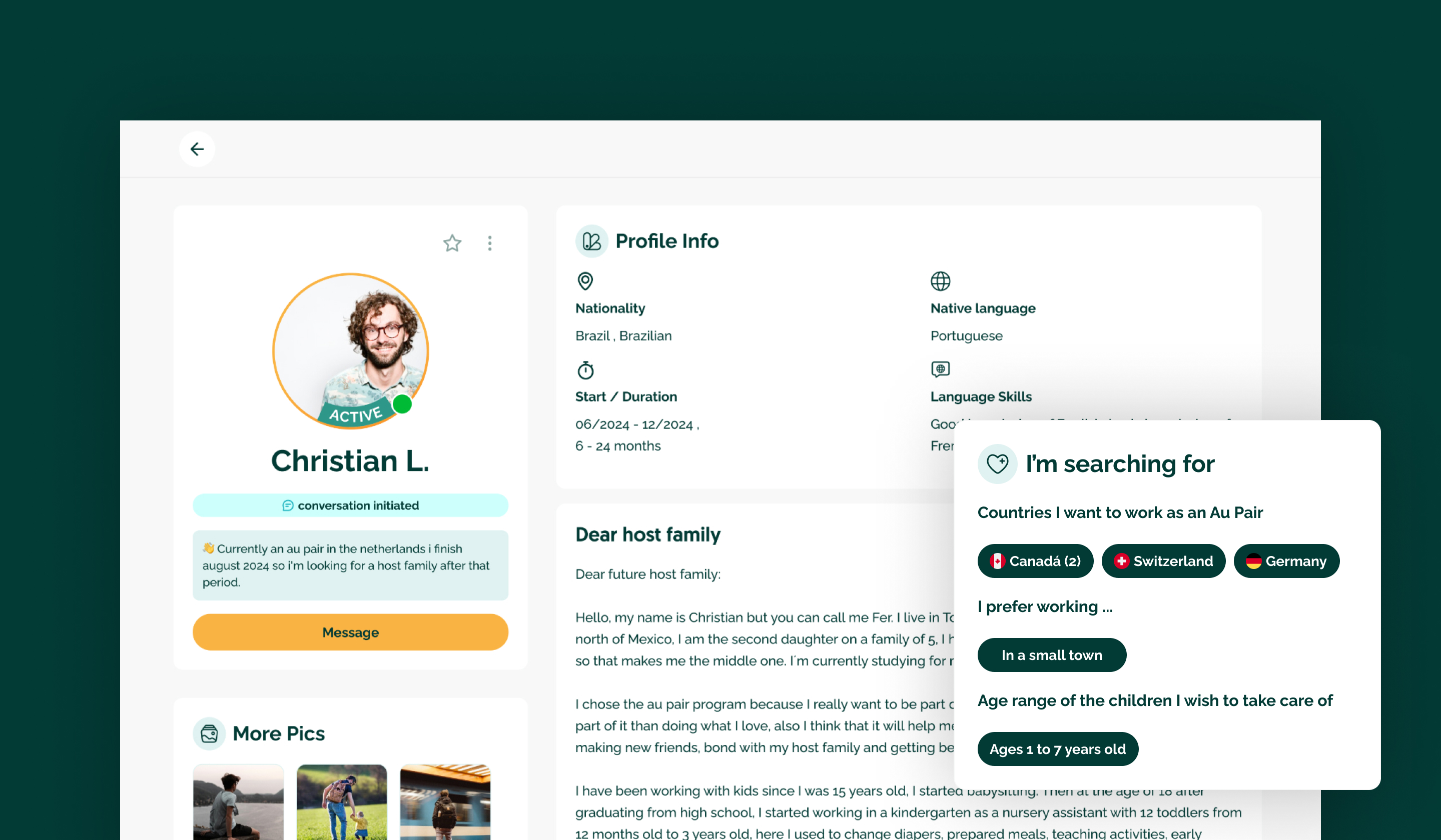 Page dispalying user messages and search filters