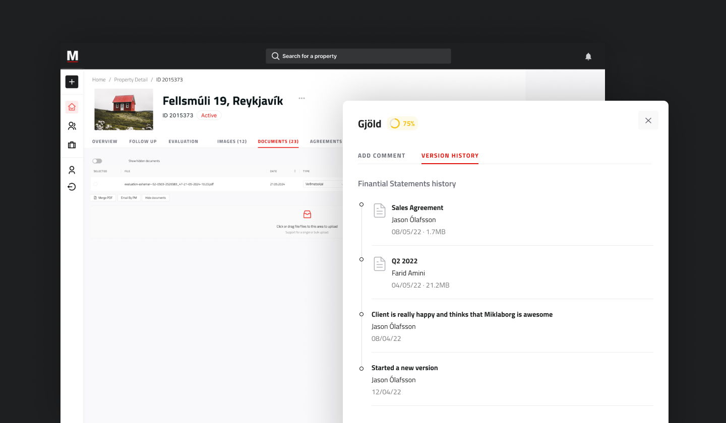 Screenshot shwoing document storage and version history 