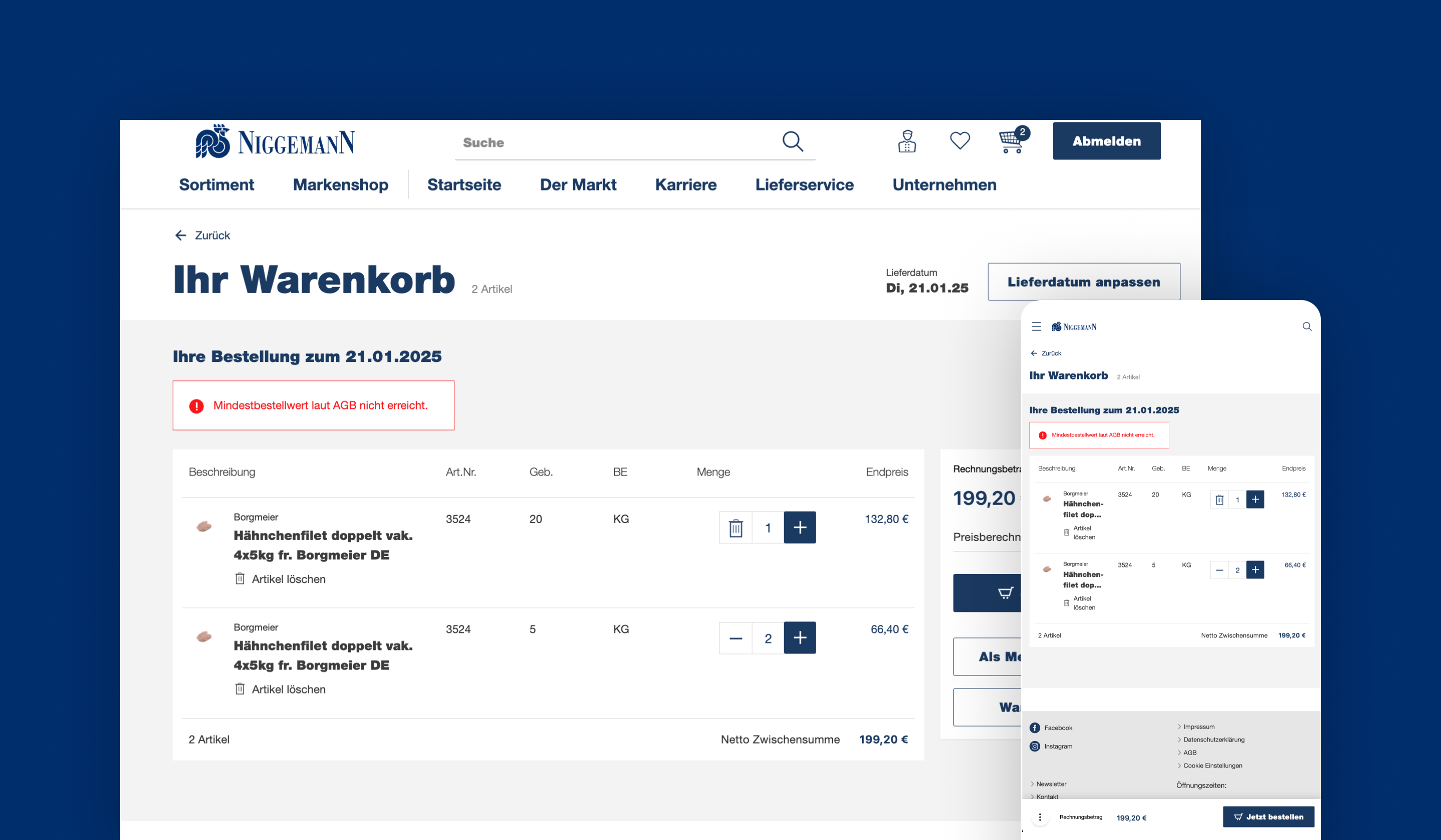 Shopping cart display in the web and mobile version of the Niggemann web shop