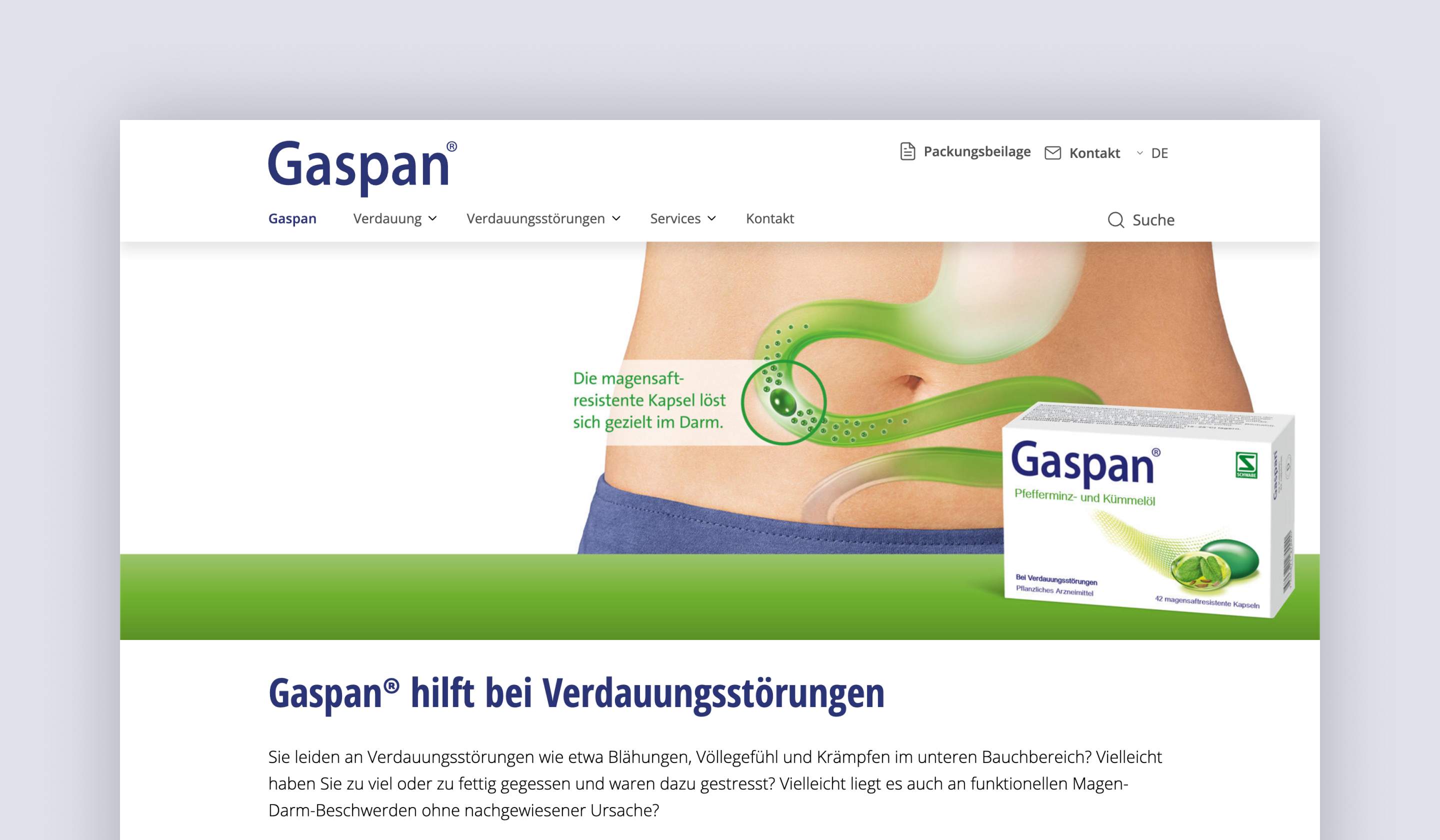 Example product page for Gaspan, one of the Schwabe group products.