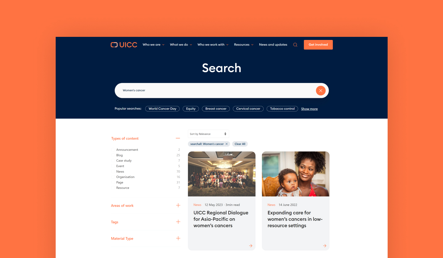 On-site search with filters on the UICC website