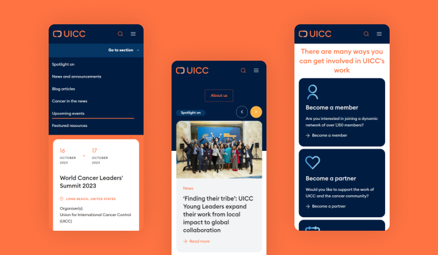 Mobile version of the UICC website's interactive elements