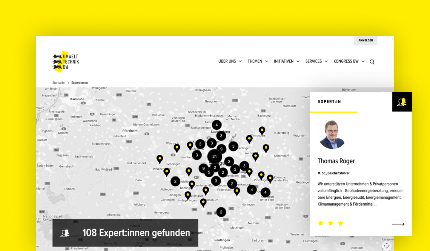 Search results displayed within a map with overview functionailty to view relevant companies.  