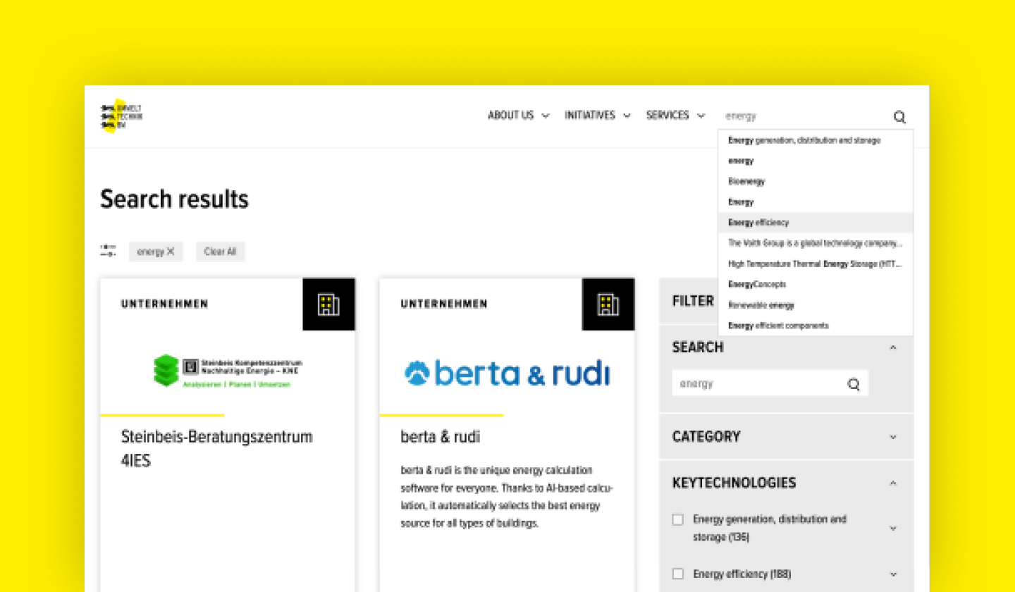 Search results displayed from companies listed in the UTBW websites.