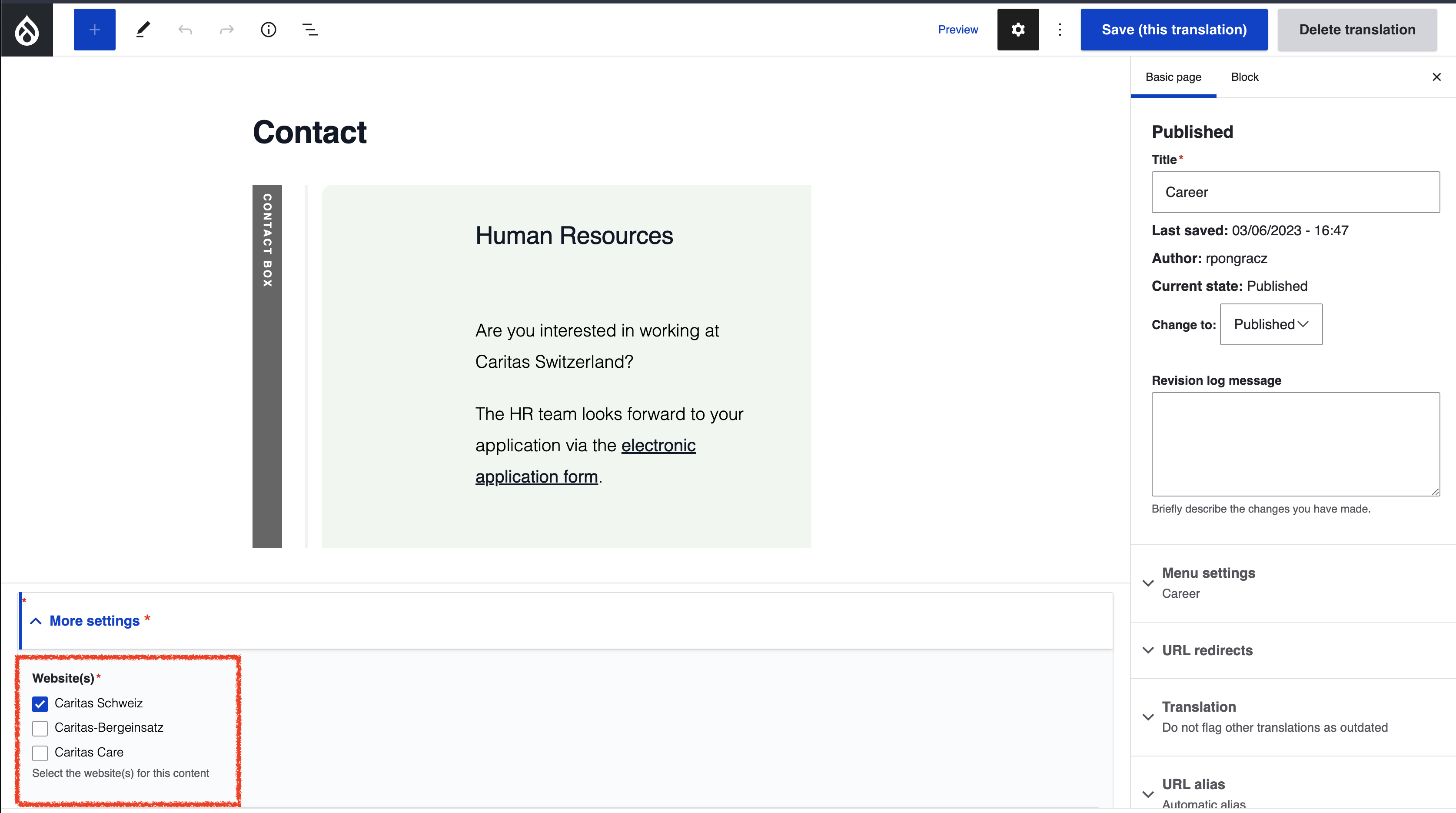 Screenshot of backend content editor