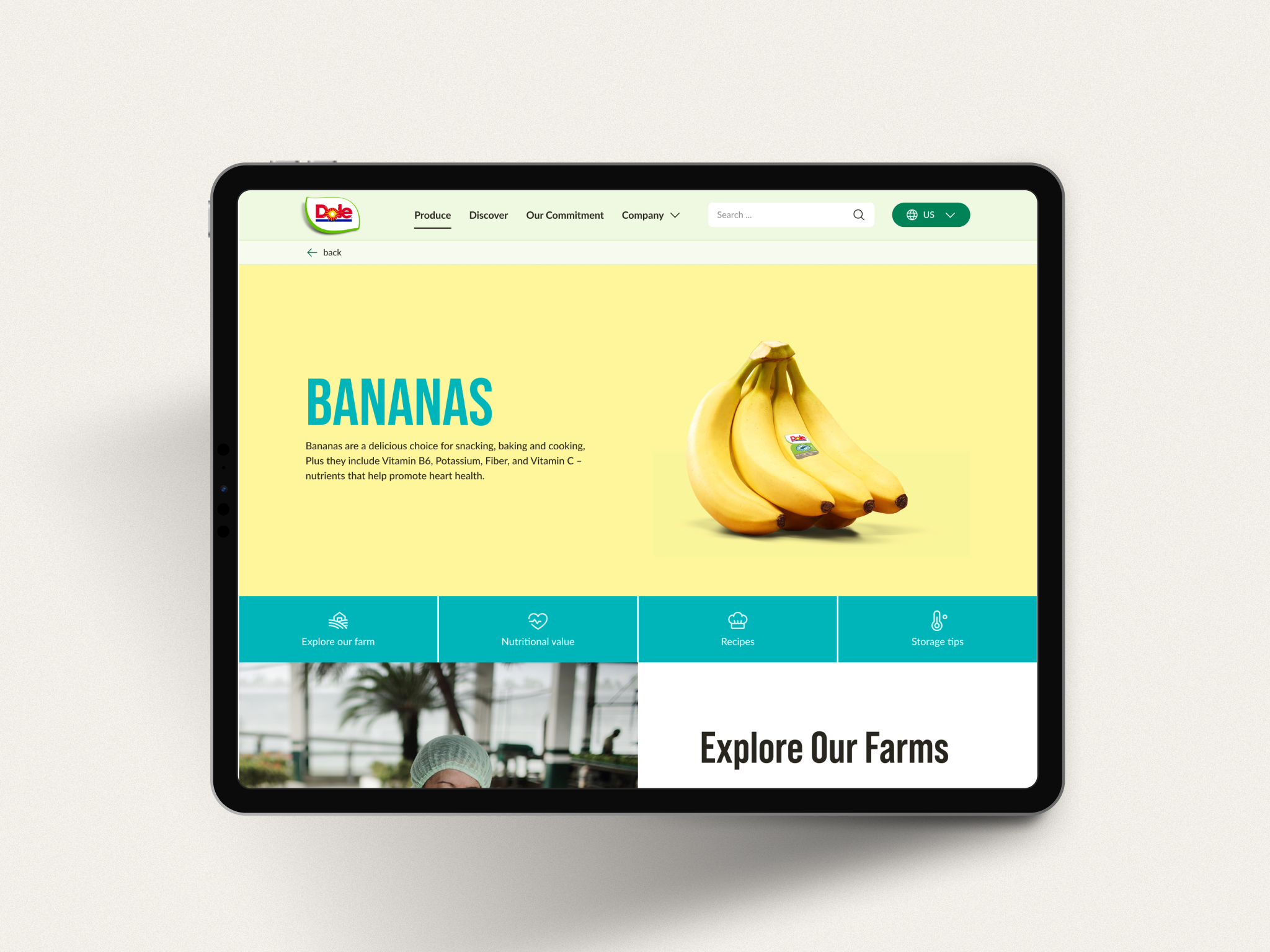 Mockup with a tablet showing bananas on the screen.